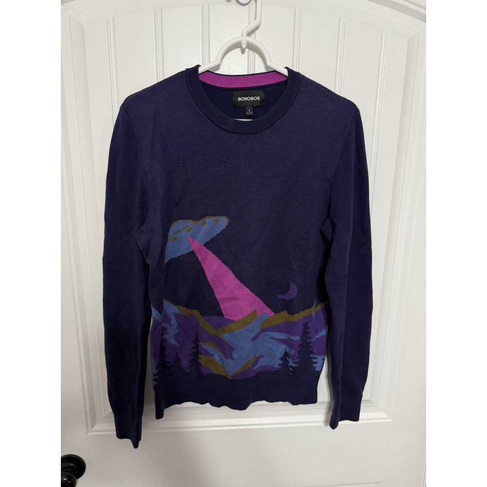 Bonobos Sweater Mens S UFO Alien Abduction Graphic Intarsia Knit Navy Blue EUC